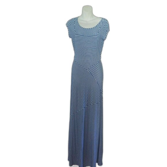 Bebe Dress Bang Bang Boheme Mixed Mini Stripe Maxi Blue & White Open Back Medium - Picture 2 of 16